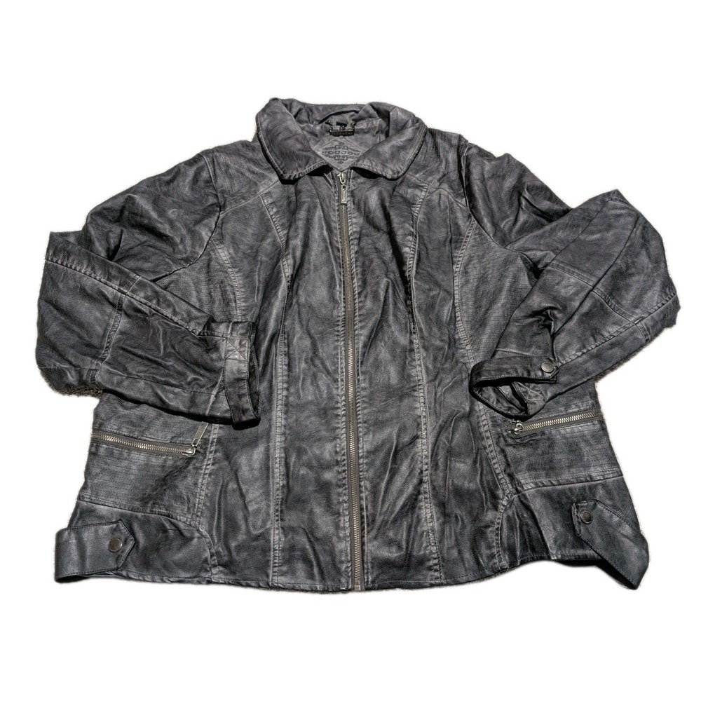 Jou Jou Womens Moto Jacket Black Faux Leather Zip Front Pockets Lined Size 3XL